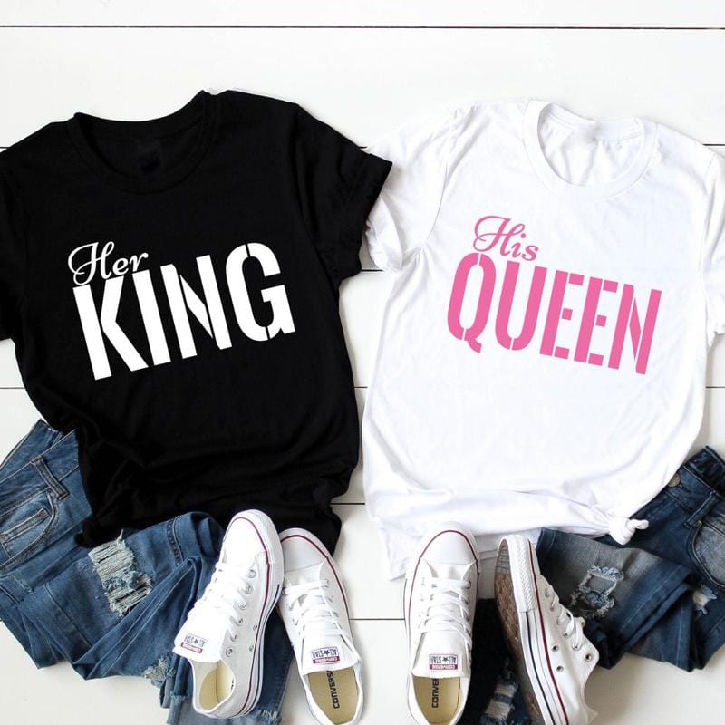 Line T-Shirt King Queen Per Coppie - Partnerlook, 100% Cotone, Stampata Con Inchiostri Ecologici